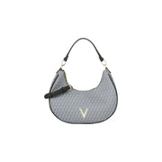 Valentino beige hobo handbag with gray geometric pattern, black trim, gold V logo