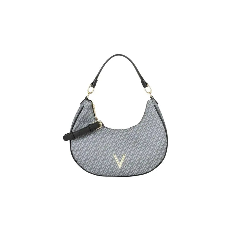 Valentino beige hobo handbag with gray geometric pattern, black trim, gold V logo