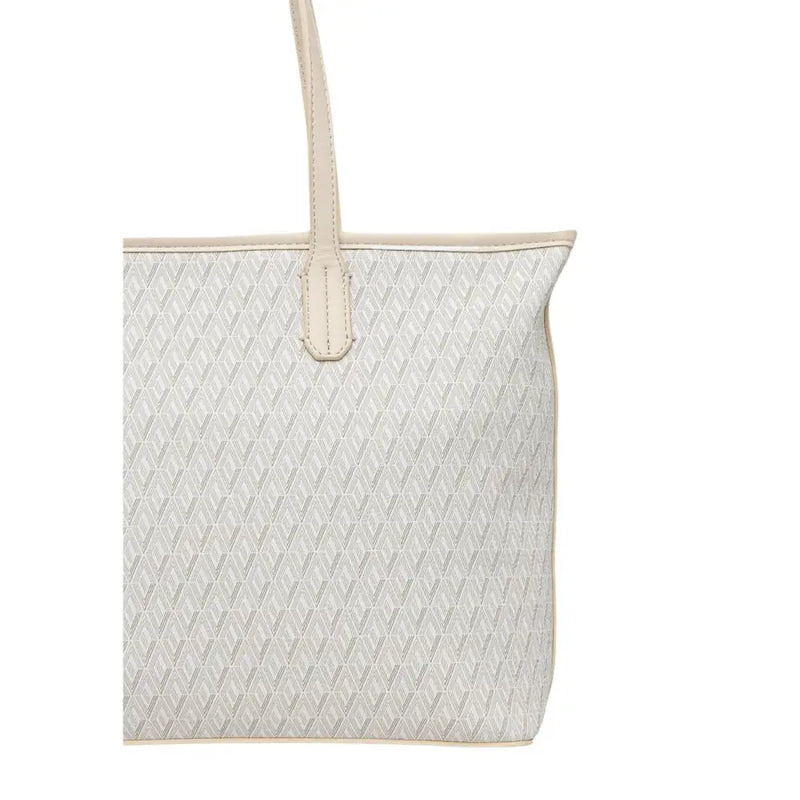 Valentino beige polyurethane tote bag with subtle geometric pattern and matching leather handles with inner pouch