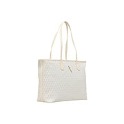 Cream-colored woven Valentino beige polyurethane tote bag with subtle texture and matching handles featuring an inner pouch