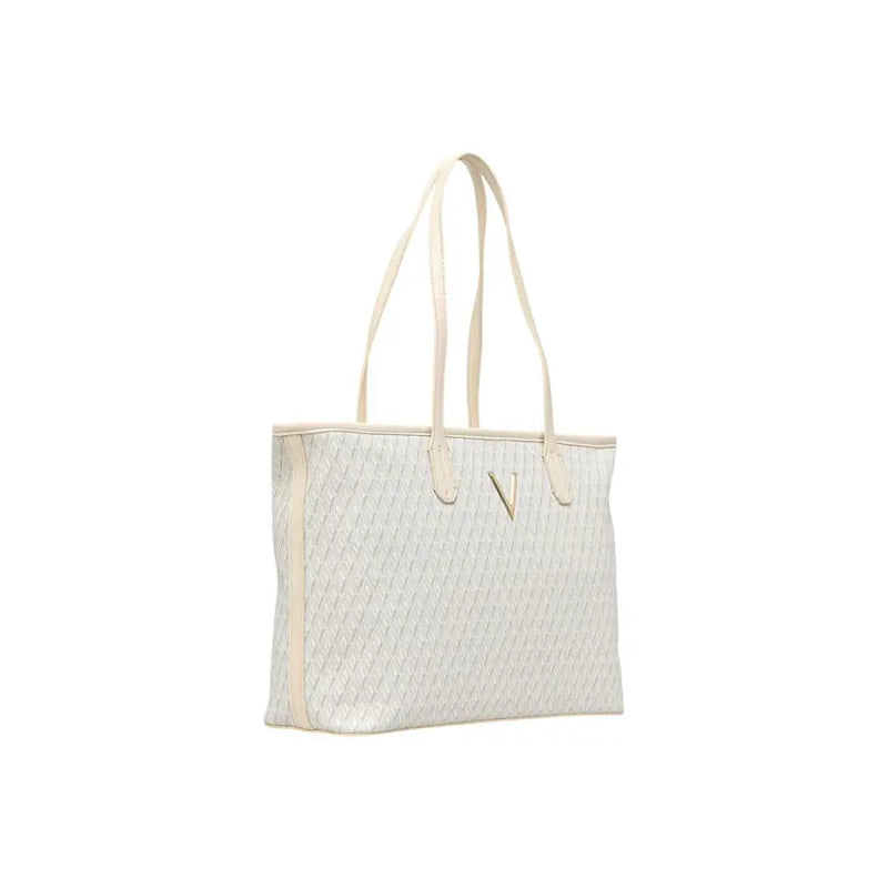 Cream-colored woven Valentino beige polyurethane tote bag with subtle texture and matching handles featuring an inner pouch