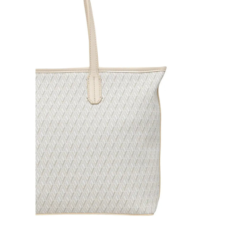 Valentino beige polyurethane tote bag with subtle geometric pattern and matching leather handles with inner pouch