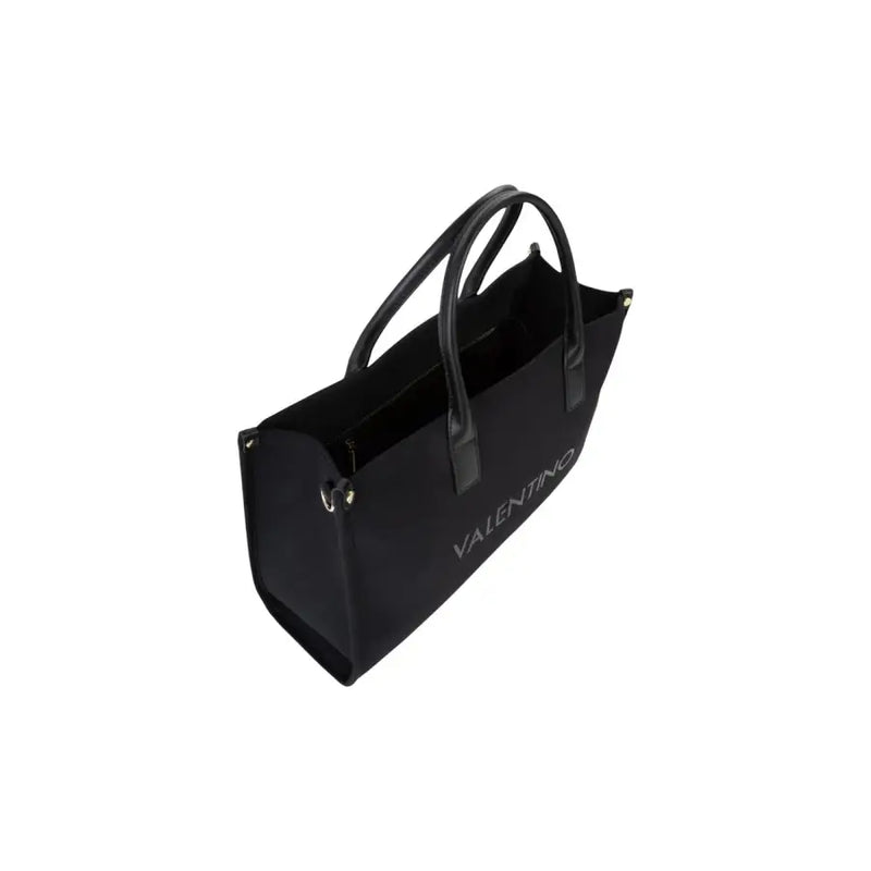 Black Valentino tote bag with leather handles shoulder strap zip pocket and subtle logo on the side