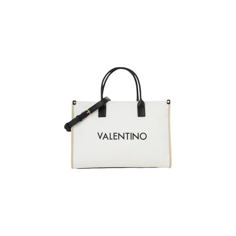 White Valentino tote bag with black leather handles and adjustable strap