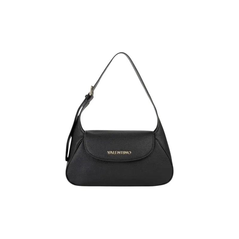 Valentino black shoulder bag with textured leather, gold-tone logo, zip closure, and interior pocket