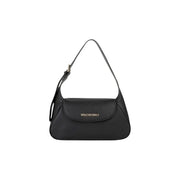 Valentino black shoulder bag with textured leather, gold-tone logo, zip closure, and interior pocket