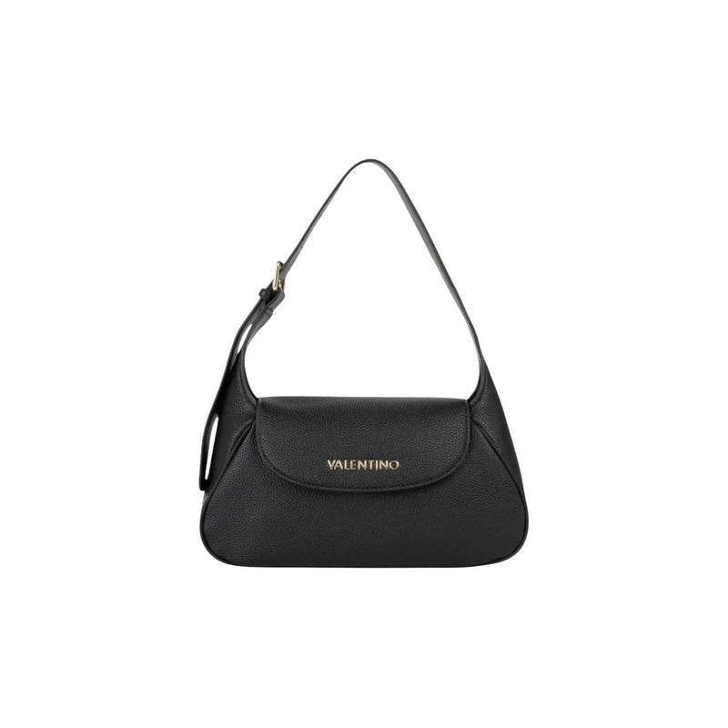 Valentino black shoulder bag with textured leather, gold-tone logo, zip closure, and interior pocket