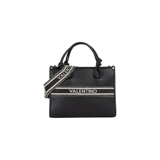 Black Valentino handbag with textured front, white logo stripe and bold strap lettering