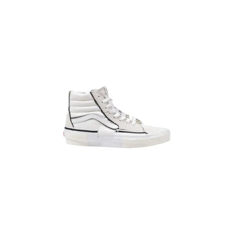 White high-top vans sneaker with black accents and leather material.