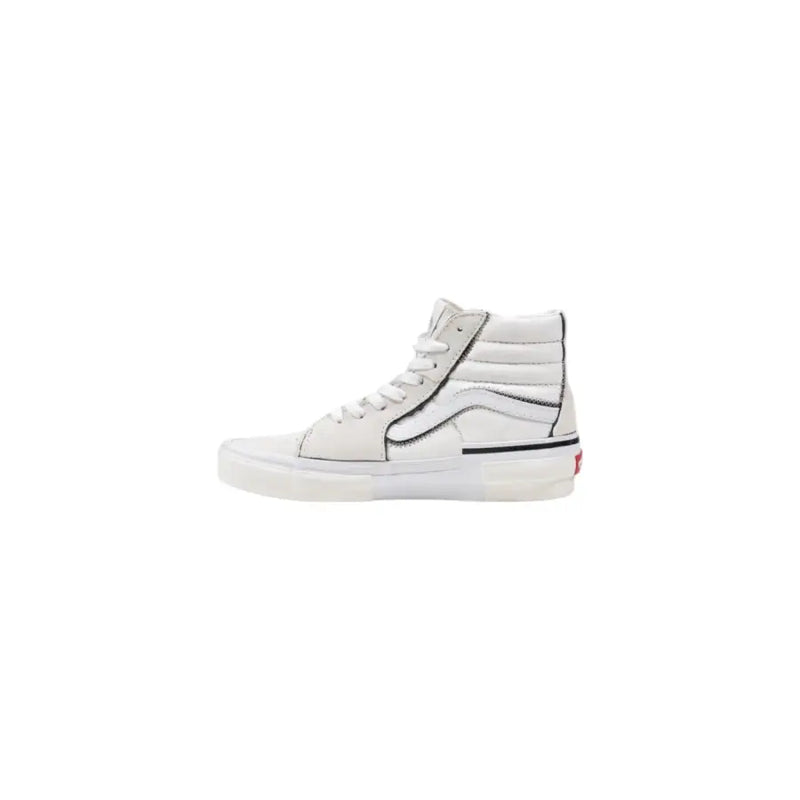 White high-top vans sneaker with black piping and laces.