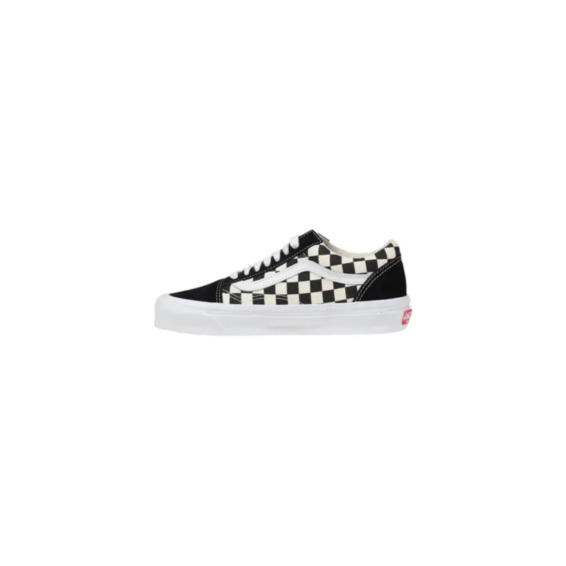 Black and white checkered vans old skool sneaker with rubber sole.