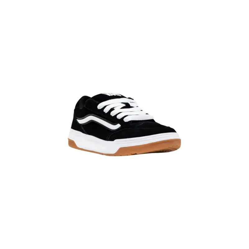 Black and white vans skate shoe with gum sole.