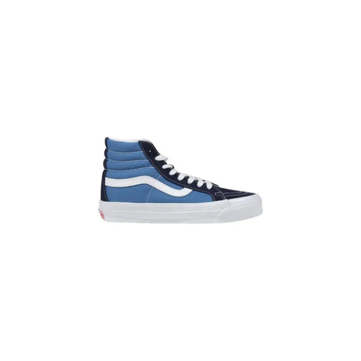 Blue and black high-top vans sneaker with white sole.