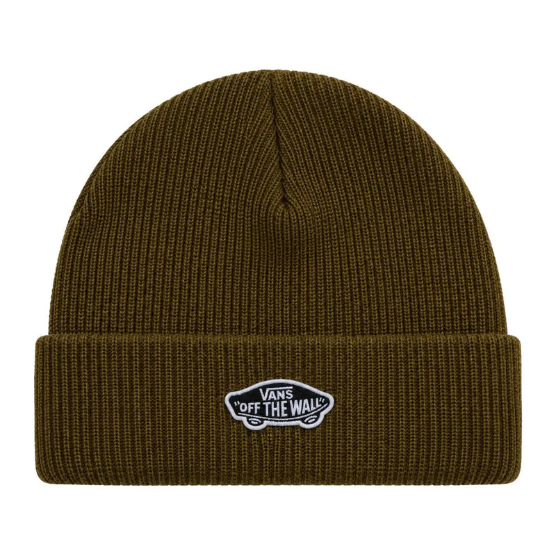 Vans Herren-Strickmütze mit Rippstrickbündchen in Olivgrün mit weißem, gesticktem „Off the Wall“-Logo am umgeschlagenen Rand, Vorderansicht