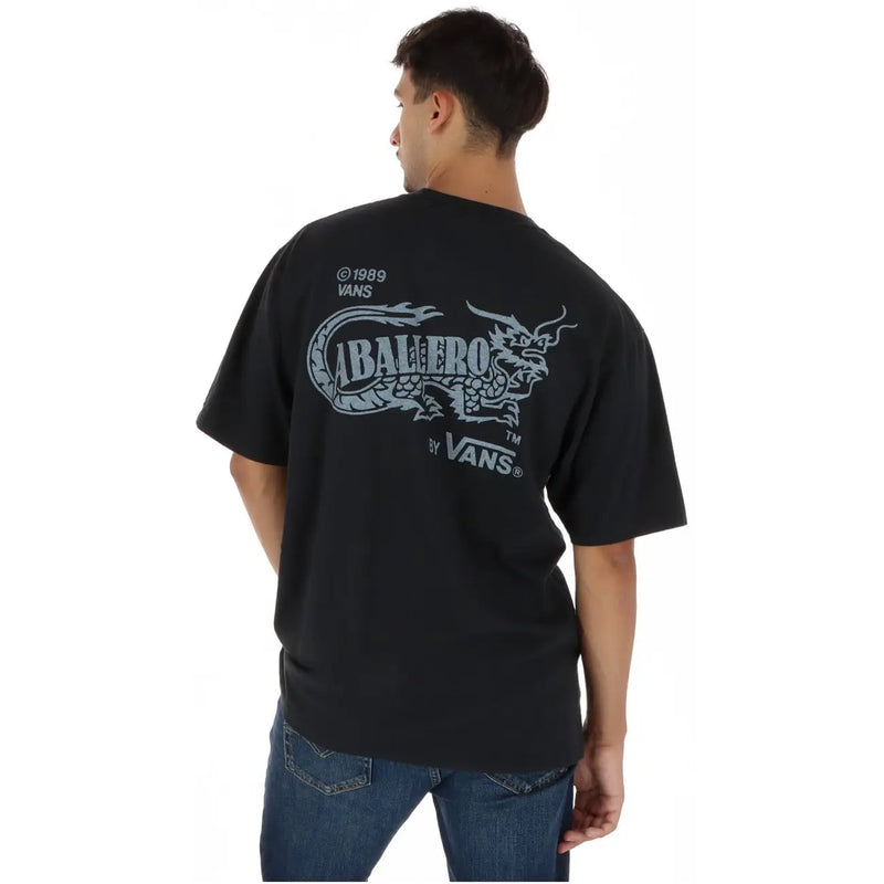 Black Vans men cotton t shirt short sleeve round neck with silver dragon graphic logo and copyright year above it
