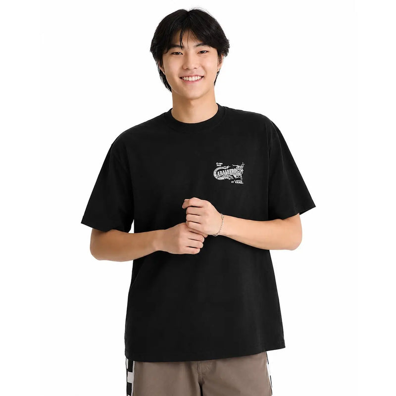 Vans men black cotton short-sleeved t shirt with a white graphic print on the chest and round neck design