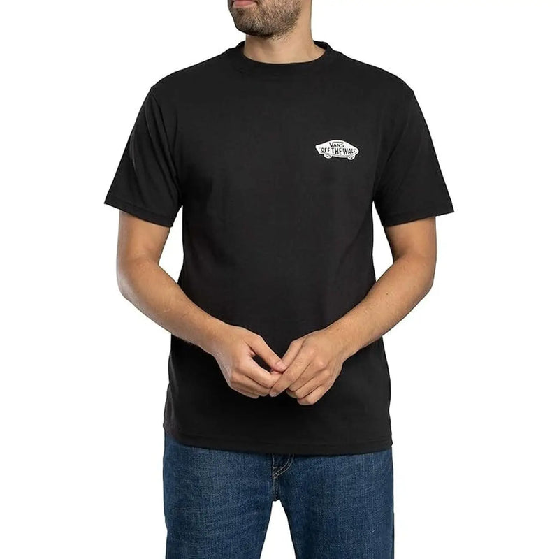 Vans men black cotton short sleeve t shirt with white embroidered off the wall logo on the left chest