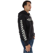 Schwarzes Vans Herren-Sweatshirt aus Baumwolle mit Reißverschluss, weißem Karostreifen am Ärmel und passendem Brustaufdruck.