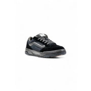 Black and gray vans skate shoe with suede upper, rubber sole, and lace-up design.