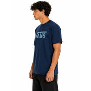 Navy blue vans men cotton t shirt with short sleeves and a light blue logo across the chest and round neck