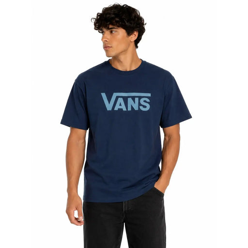 Navy blue vans men cotton t shirt with short sleeves round neck and light blue logo on front