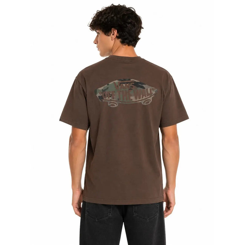 Brown cotton Vans men short sleeve t shirt showing back with off the wall graphic and camouflage print