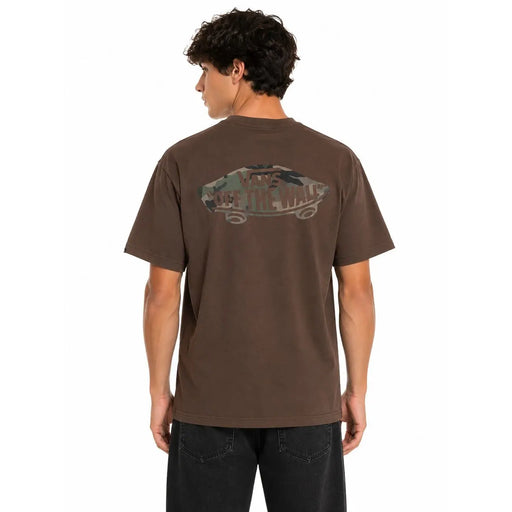 Brown cotton Vans men short sleeve t shirt showing back with off the wall graphic and camouflage print