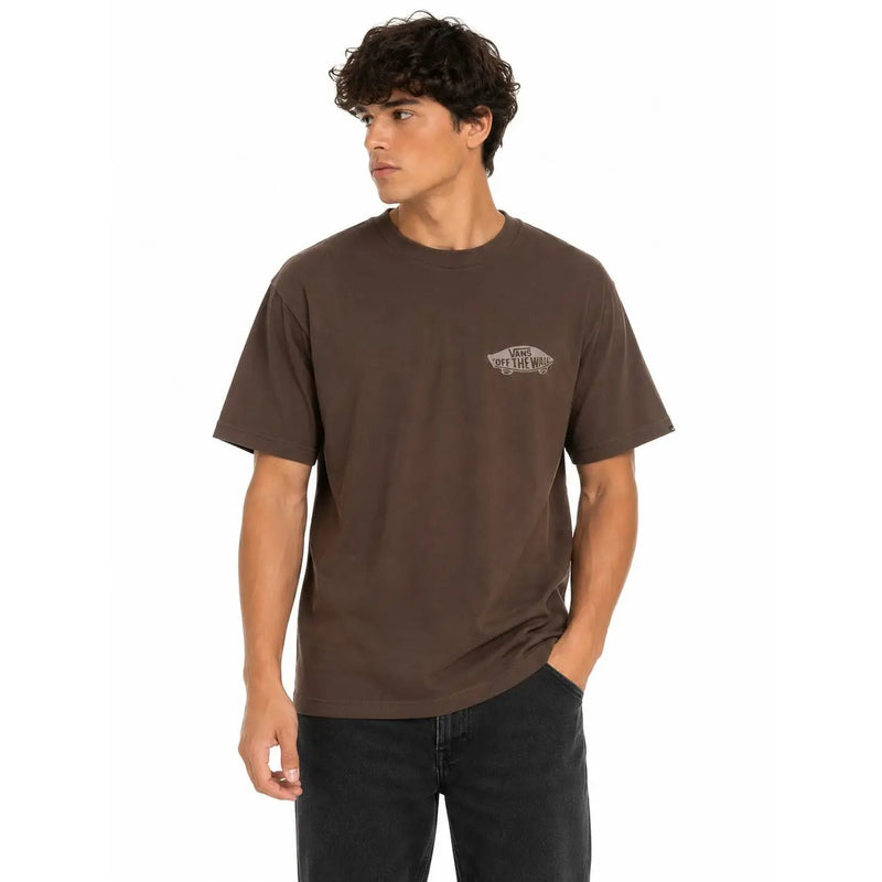 Vans men brown cotton short sleeve t shirt featuring a small light-colored logo on the left chest