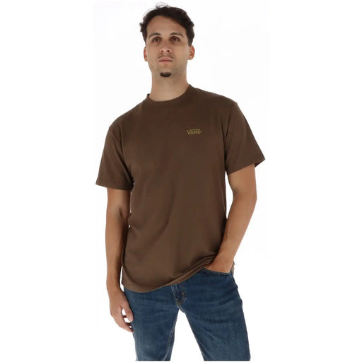 Vans men brown cotton t shirt with short sleeves and a small gold logo on the left chest front