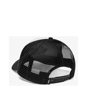 Back side of black vans men cap made of polyester with black mesh and adjustable strap featuring vans logo