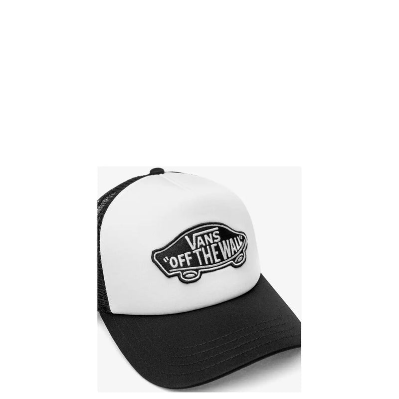 White and black Vans trucker hat with mesh back and embroidered off the wall logo in polyester material