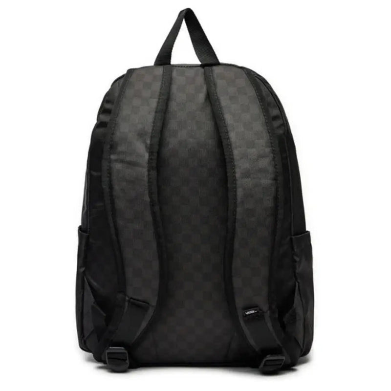 Black vans men checkered rucksack in polyester with subtle checkerboard pattern and solid black straps shown from the back