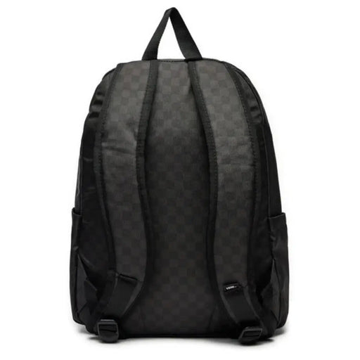 Schwarzer Vans Herren-Rucksack aus Polyester mit dezentem Karomuster und einfarbig schwarzen Tragegurten, von hinten gesehen.