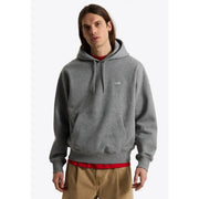 Gray heathered Vans men cotton hooded sweatshirt with small white chest logo and red trim at waistband