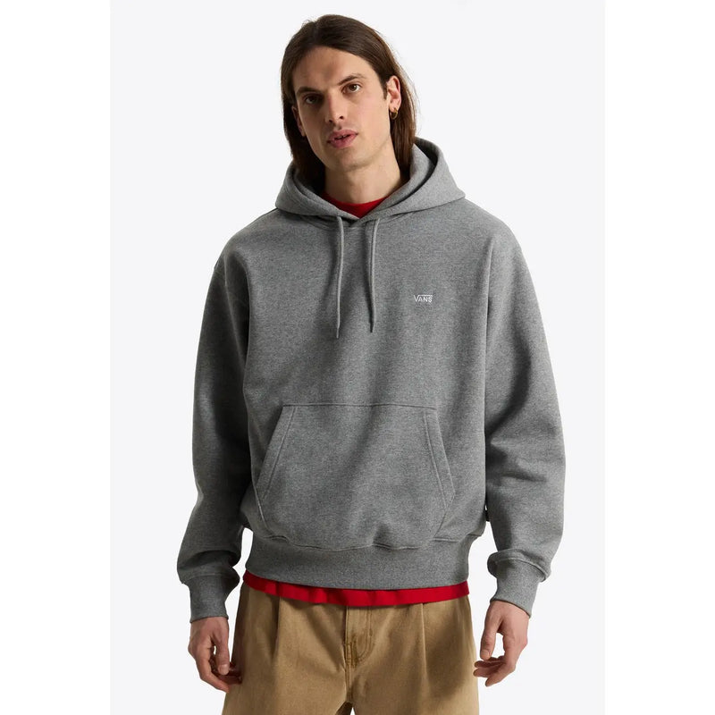 Gray heathered Vans men cotton hooded sweatshirt with small white chest logo and red trim at waistband