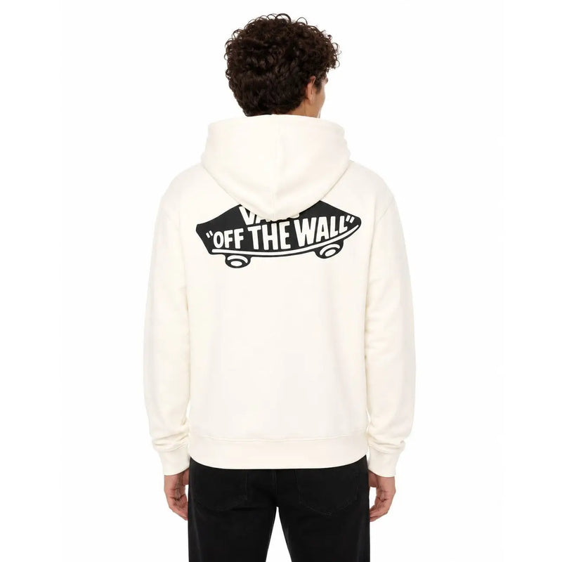 Cremefarbener Vans Herren-Baumwollhoodie, weißes Sweatshirt mit freiliegender Rückseite, schwarzem Skateboard-Motiv und ausgefallenem Design