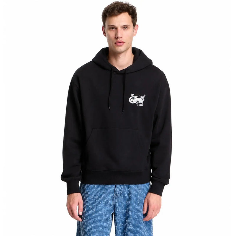 Vans men black cotton hooded sweatshirt with front pockets and white stylized crocodile graphic on left chest