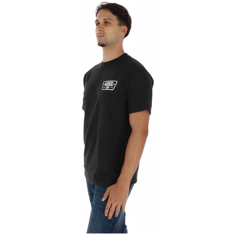 Vans men cotton t shirt black round neck with white rectangular logo on left chest in a casual style