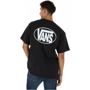 Vans men cotton black t shirt with round neck and bold white oval logo featuring brand name on the back
