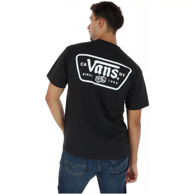 Vans men cotton t shirt black round neck featuring a white rectangular logo with ca vans ny since 1966 and dice graphic