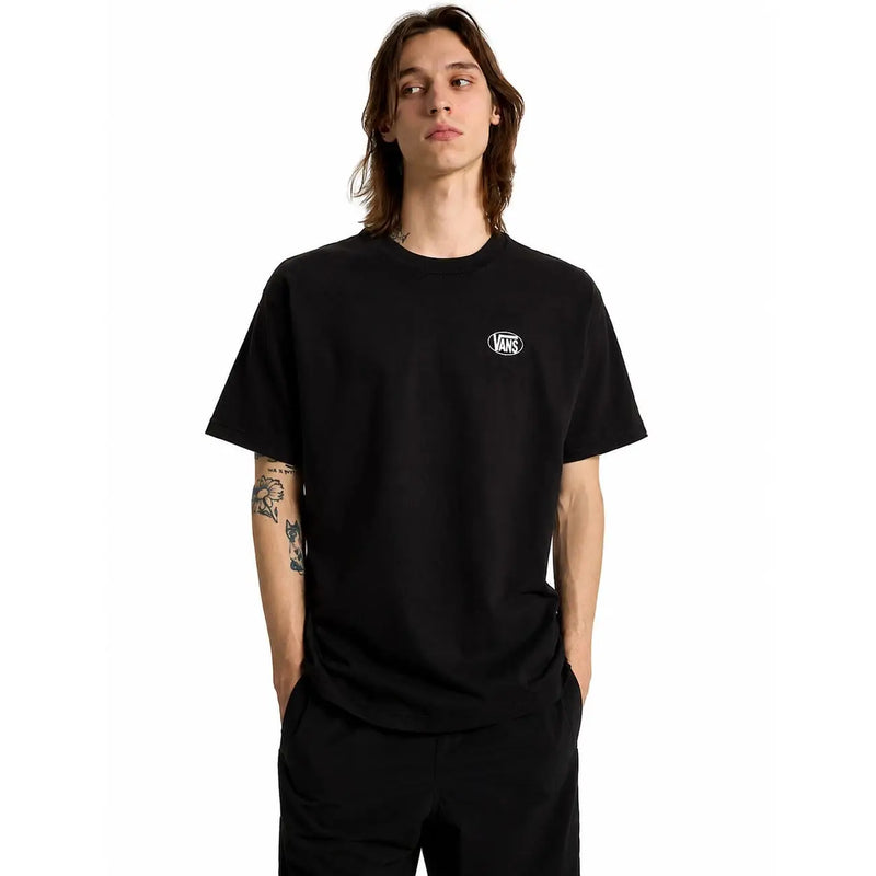 Black vans men cotton t shirt in black with short sleeves and small white oval logo on left chest, round neck design