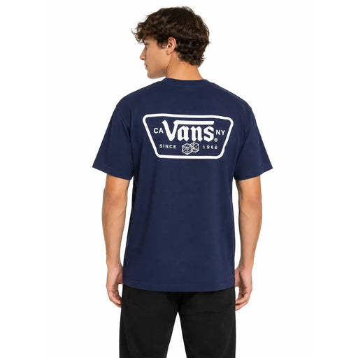 Navy blue Vans men cotton t shirt with round neck and white logo and dice graphic on the back side
