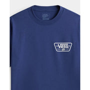 Navy blue Vans men cotton t shirt with a white rectangular logo and dice graphic featuring ca vans ny since 1986