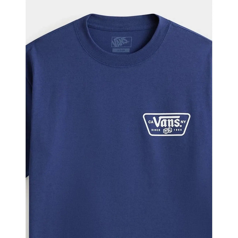 Navy blue Vans men cotton t shirt with a white rectangular logo and dice graphic featuring ca vans ny since 1986