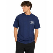 Navy blue Vans men cotton t shirt with a white rectangular logo on the left chest and a round neck design