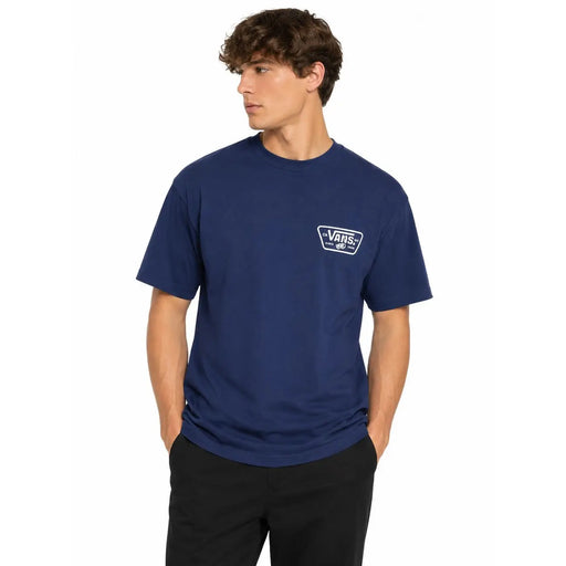 Navy blue Vans men cotton t shirt with a white rectangular logo on the left chest and a round neck design