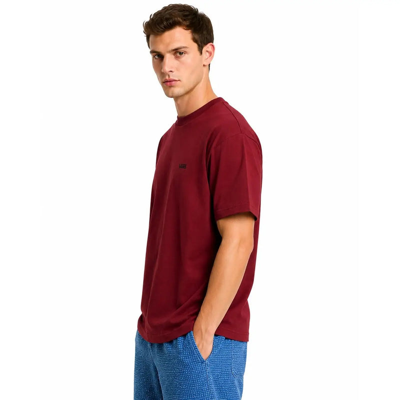 Vans men cotton t shirt bordeaux round neck maroon crewneck with small black logo on left chest