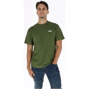 Olive green men’s cotton vans short-sleeved t shirt with round neck and small white logo on left chest