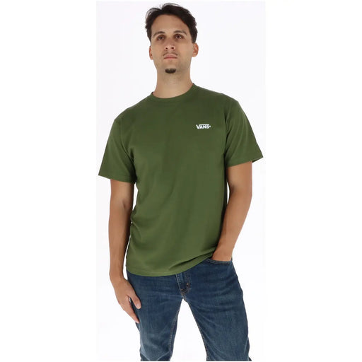 Olive green men’s cotton vans short-sleeved t shirt with round neck and small white logo on left chest