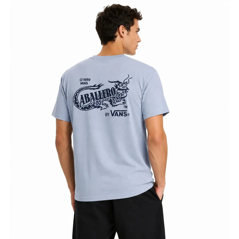 Vans men cotton light blue round neck t shirt with short sleeves featuring a navy blue dragon graphic and aballero text